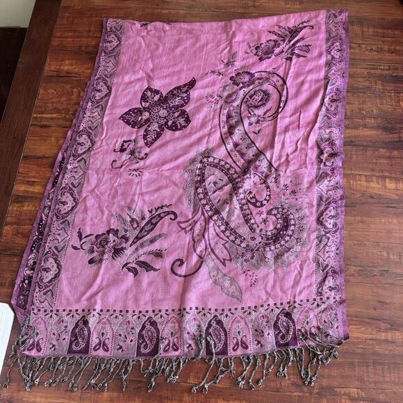 Shawl Wrap Scarf Womens Paisley Floral Pink Boho Fringe Romantic Feminine - Picture 11 of 11